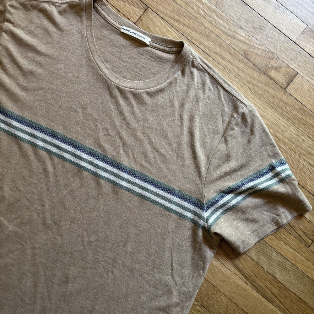 Marine Layer Re-Spun Signature Crew Stripe Tee Men's Large Blister-Stitch Tan